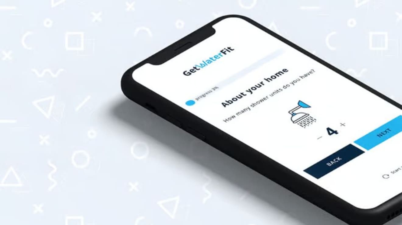 Illustration of a mobile phone showing the GetWaterFit water saving tool